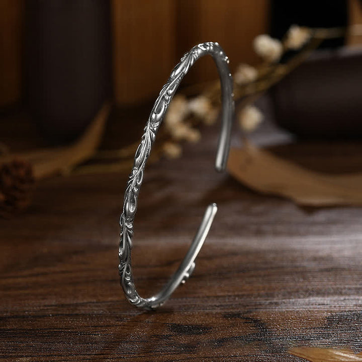 Buddha Stones925スターリングシルバー ハンドメイド ブドウの木 彫刻入り守護ブレスレットバングル