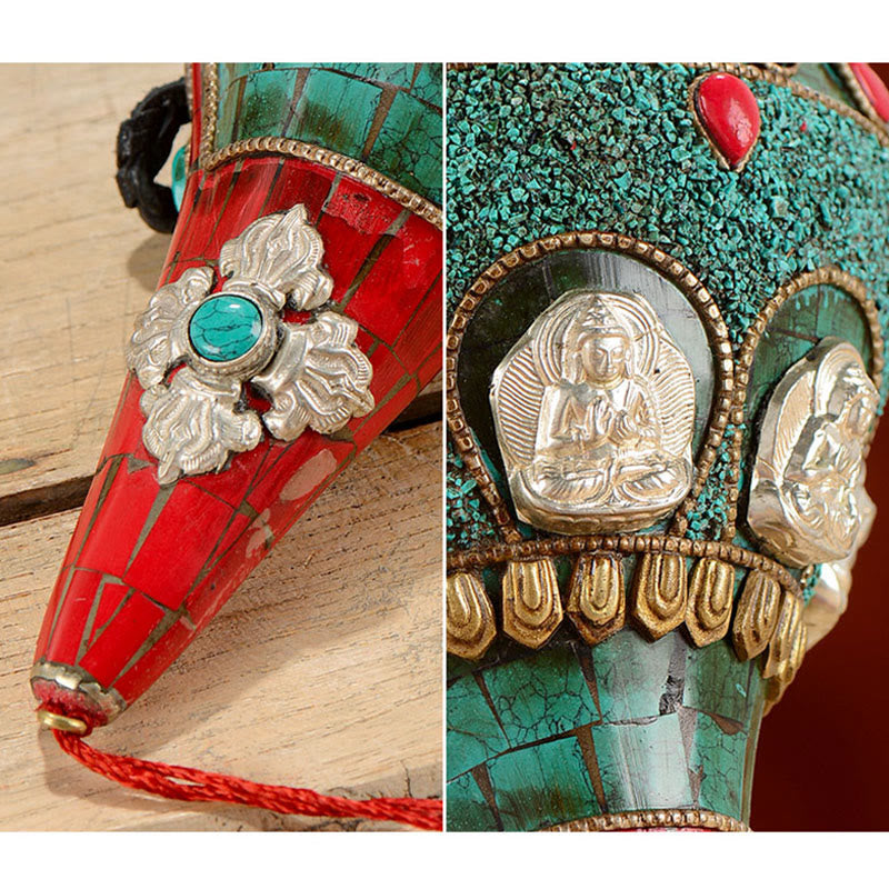 チベット手作り Shankha Om Mani Padme Hum Buddha Avalokitesvara ターコイズ コンクシェル ポジティブ装飾
