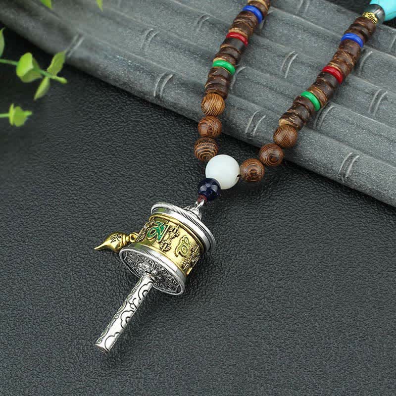 Buddha Stonesチベットオーム・マニ・パドメ・フム祈祷ホイール回転 金剛杵 木製ネックレス ペンダント - 金の祈祷ホイール - image 0