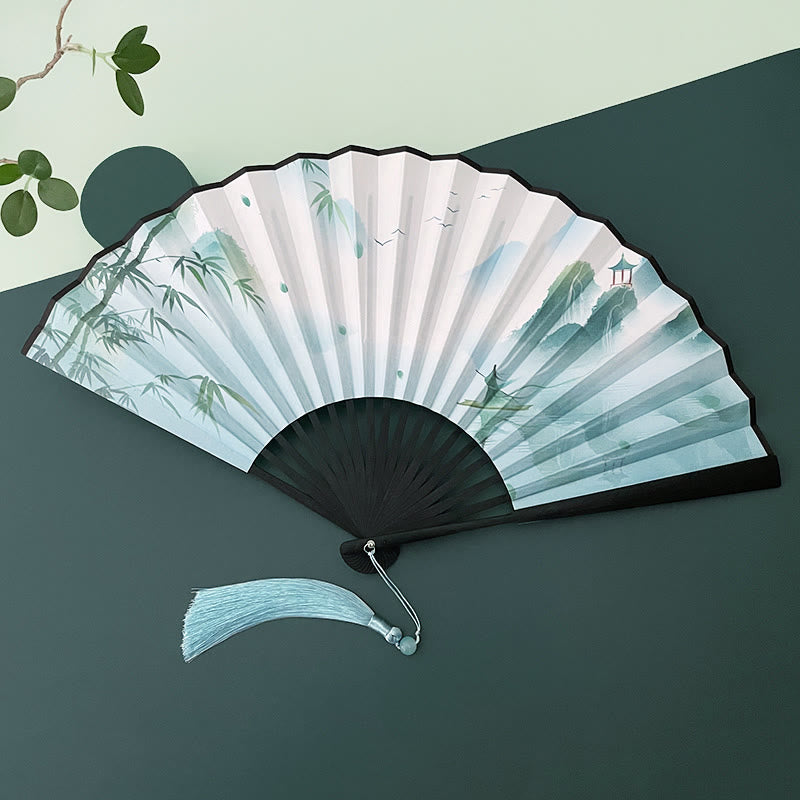 Buddha Stonesレトロ 蓮の花 葉 山 湖 手持ち扇子 竹製フレーム付き