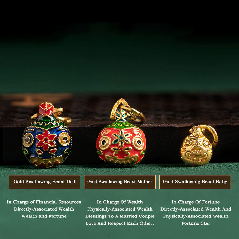 Buddha Stones金呑み獣ファミリーチャーム 金銀箔 琉璃ガラスビーズ 祝福ブレスレット