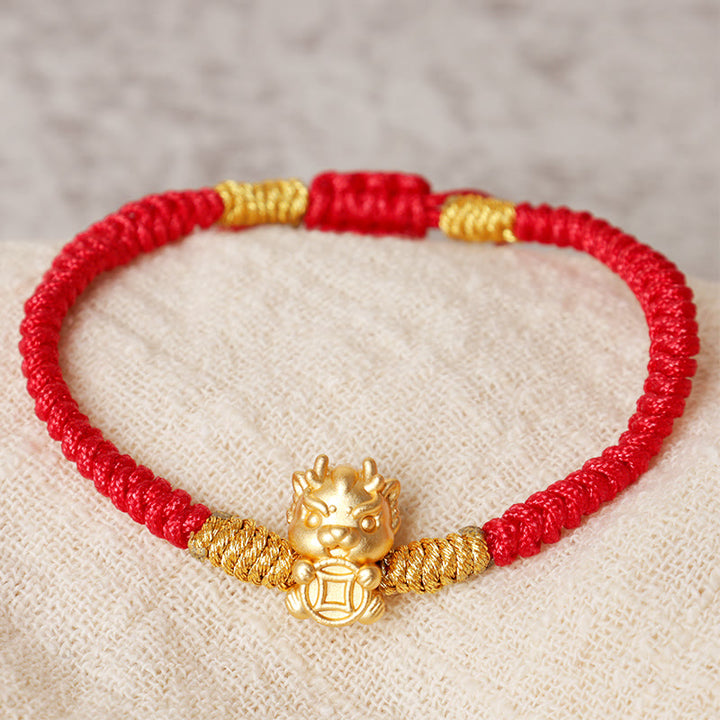 Buddha Stones999 スターリングシルバー 龍年銅貨幸運繁栄龍福 キャラクター 幸運 手作り赤紐編み込みブレスレット