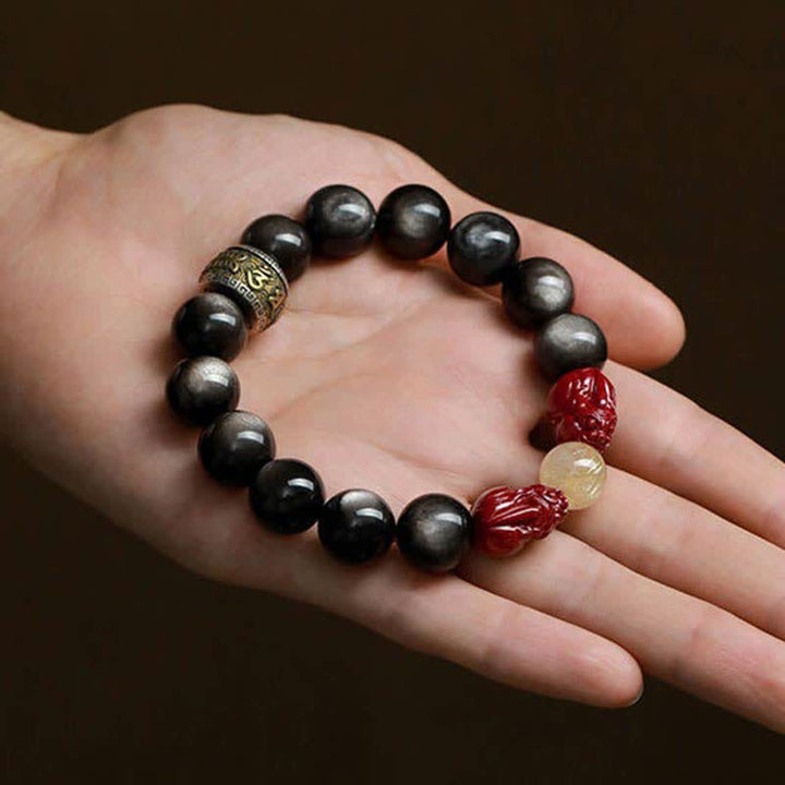 Buddha Stones金彩 黒曜石 貔貅 辰砂オーム・マニ・パドメ・フム守護ブレスレット