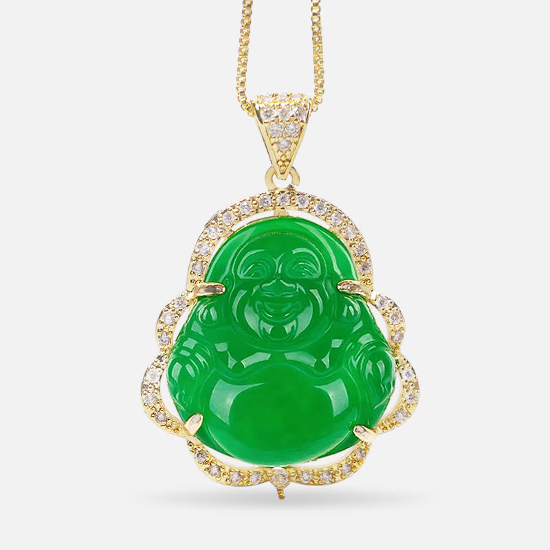 Buddha Stones ラッキースマイル仏様ネックレス／幸運お守り - A-笑い仏-金色/緑 - image 1