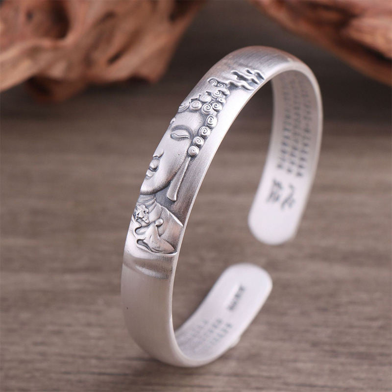Buddha Stones999スターリングシルバー ブッダヘッド 般若心経 セレニティブレスレット バングル