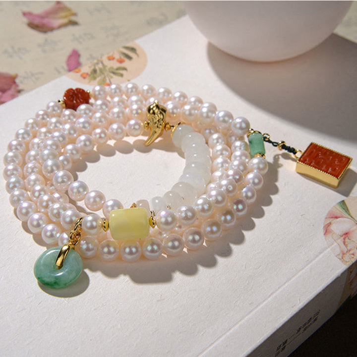 Buddha Stones 925スターリングシルバーパール和田翡翠レッドアゲートダブルハピネスアンバーラッキー4重ラップブレスレット