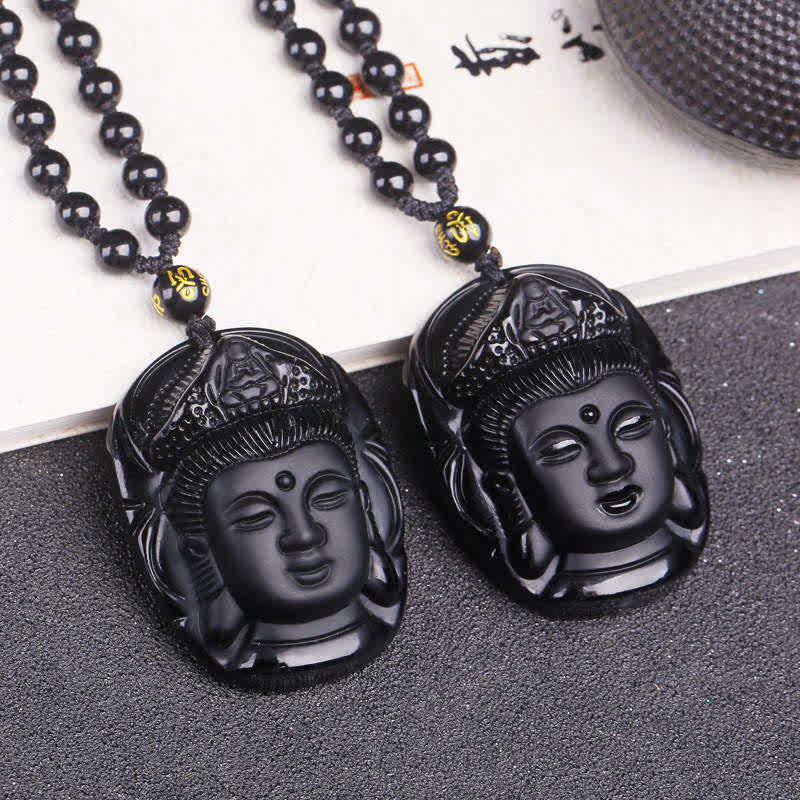 Buddha Stones天然黒曜石 観音菩薩 強さの紐ネックレスペンダント - image 2