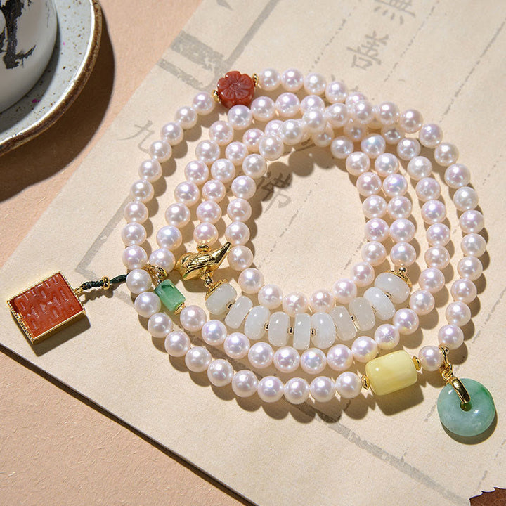 Buddha Stones 925スターリングシルバーパール和田翡翠レッドアゲートダブルハピネスアンバーラッキー4重ラップブレスレット