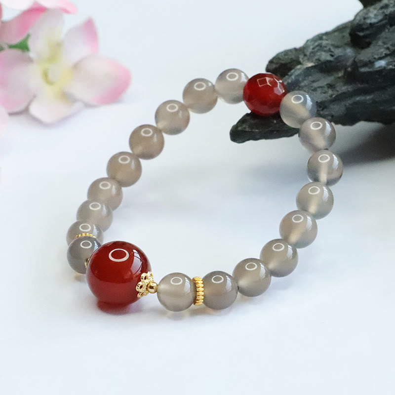 Buddha Stones天然グレーカルセドニー レッドアゲート ハーモニーブレスレット