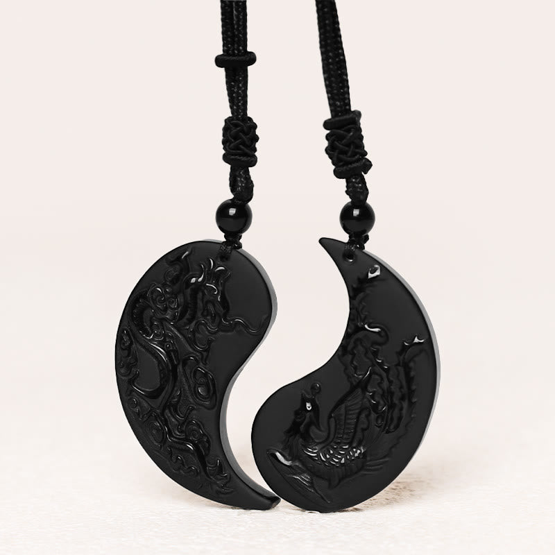 Buddha Stones黒曜石 陰陽龍鳳凰 幸運のネックレスペンダント - image 2