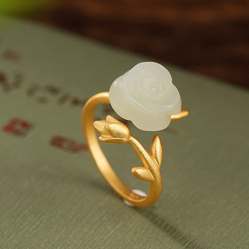 Buddha Stones925 スターリングシルバー ゴールドメッキ ローズフラワー 和田白翡翠 幸福リング