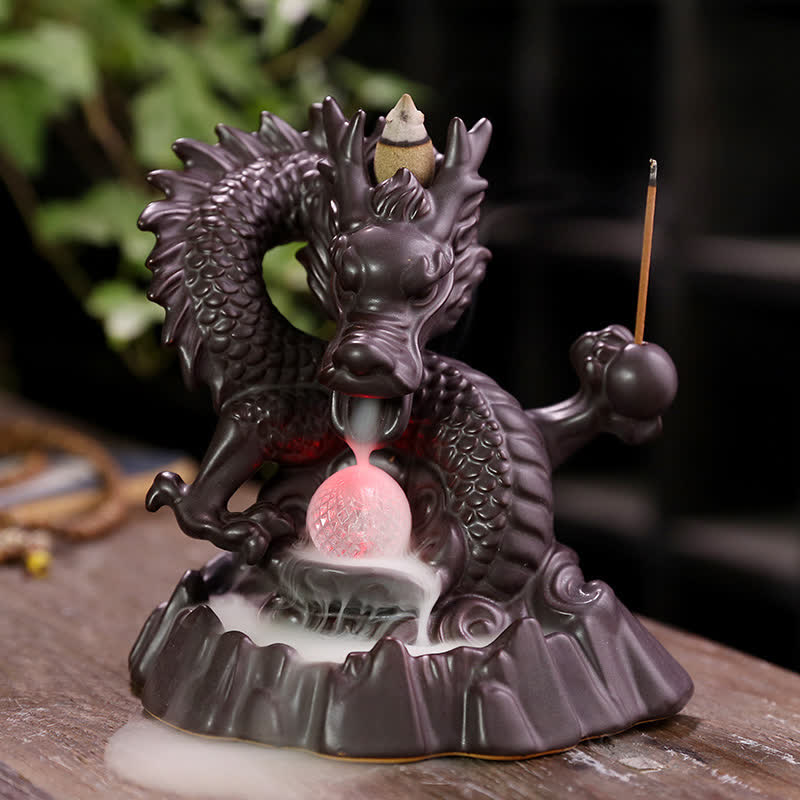 Buddha Stones縁起の良い龍 セラミック 逆流煙噴水 瞑想 癒し 香炉 LED ボール 装飾