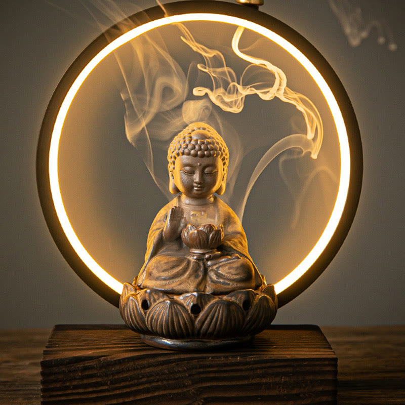 Buddha Stones仏陀 蓮 逆流 煙噴水 陶器 祝福 香炉 ライト装飾付き