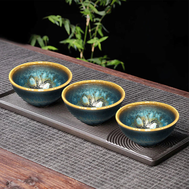 Buddha Stonesヴィンテージ ハンドメイド 中国 Jianzhan ブルー カラフル 釉 陶器 ティーカップ 陶器 カンフー ティーカップ