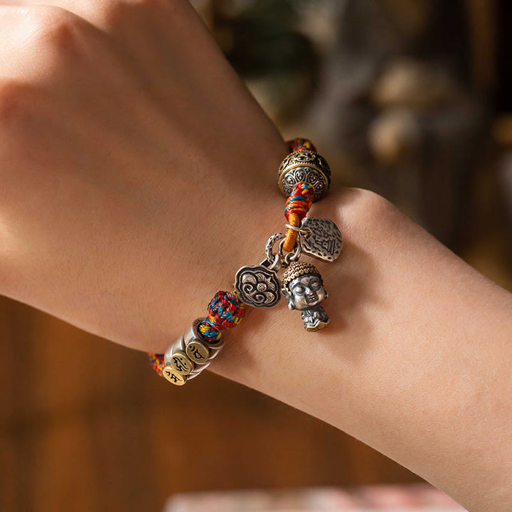 Buddha Stonesハンドメイド チベット 925 スターリングシルバー十二支誕生仏ザキラム 富の守護女神 マルチカラー ロープ編みブレスレット