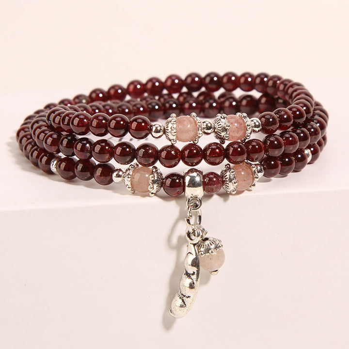Buddha Stones天然ガーネット ストロベリークォーツ グリーンビーンズ 貔貅守護 トリプルラップブレスレット