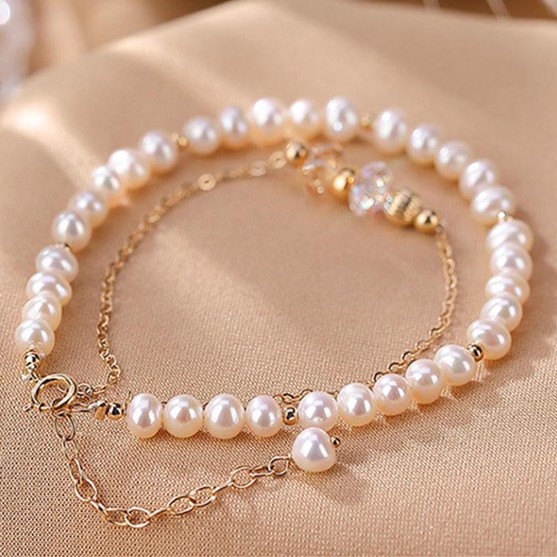 Buddha Stones925スターリングシルバー 14Kゴールドメッキ 天然パールクリスタル ヒーリング ダブルレイヤーブレスレット
