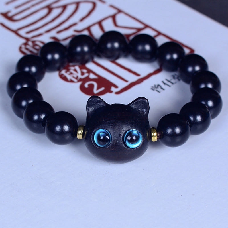 Buddha Stones、黒檀、琉璃ガラス、愛らしい猫の平和バランスブレスレット - 黒檀 12mm×15個（手首周り14～16cm） - image 13
