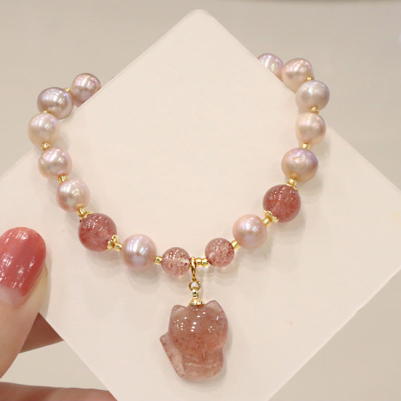 Buddha Stones天然パール ストロベリークォーツ キュートフォックス ラブヒーリングチャームブレスレット