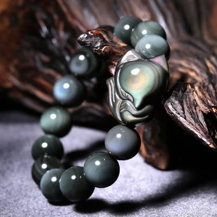 Buddha Stonesレインボーオブシディアン フォックス ヒーリング ポジティブブレスレット
