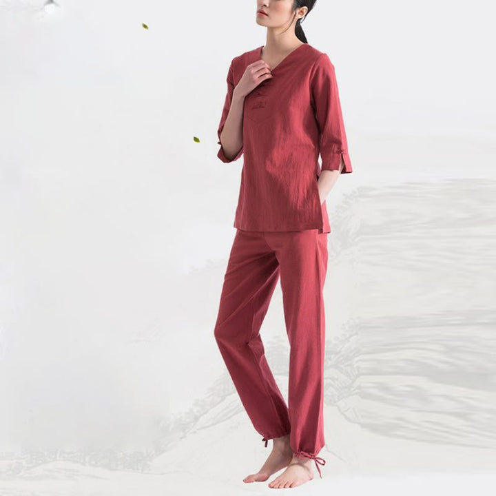 Buddha Stonesヨガ瞑想祈りVネックデザインコットンリネン服ユニフォーム禅練習レディースセット