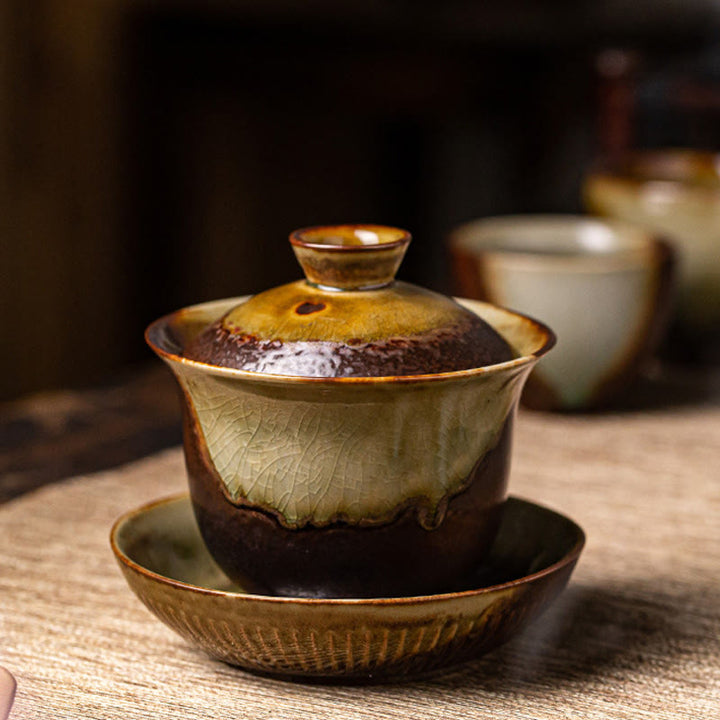 Buddha Stonesヴィンテージ ブラウン 窯変デザイン 磁器 セラミック 蓋碗 三彩 ティーカップ カンフー ティーカップ＆ソーサー 蓋付き