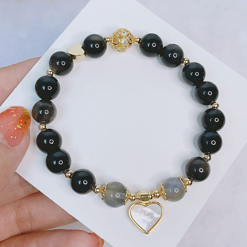 Buddha Stones天然銀光沢黒曜石 ラブハート スターフラワー 守護ブレスレット
