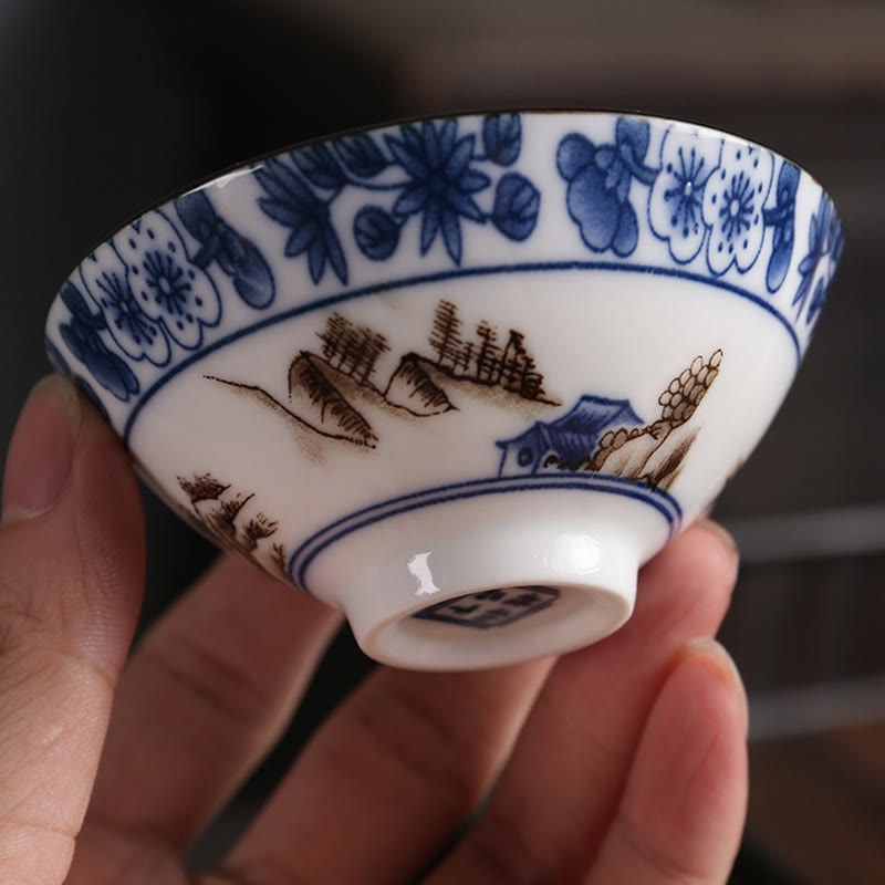 Buddha Stones、花、フーキャラクター、山、蓮、桜、陶器のティーカップ、カンフーティーカップ