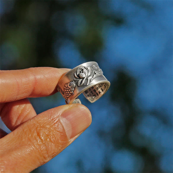 Buddha Stones999 スターリングシルバー 幸運の鯉 蓮華般若心経 富の指輪