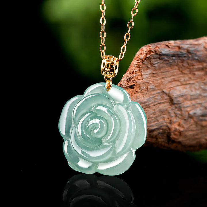 Buddha Stones18Kゴールド 925スターリングシルバー 天然翡翠 ローズ 幸運のネックレスペンダント