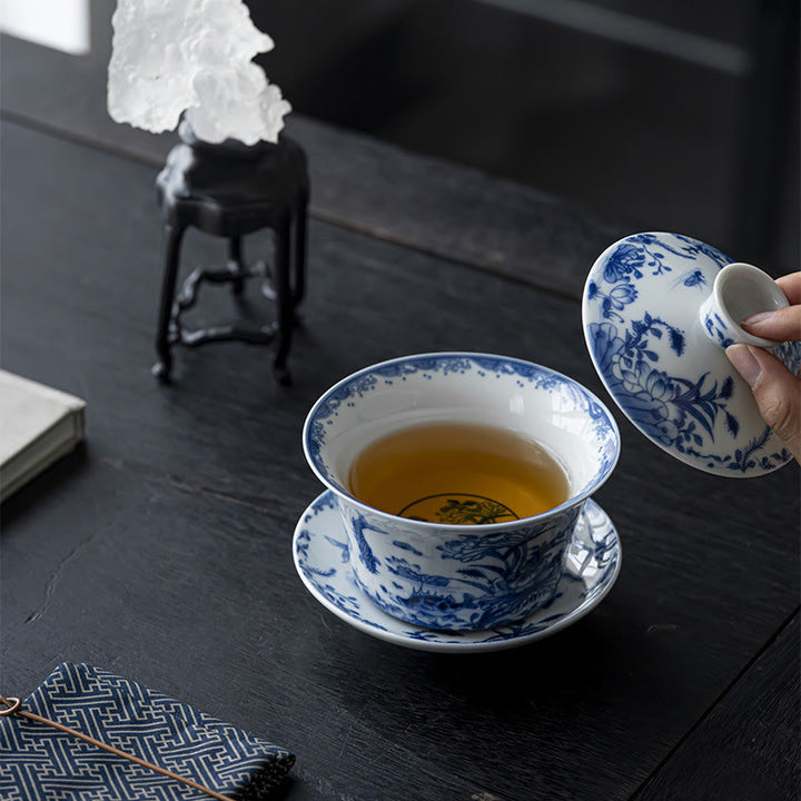 Buddha Stones青と白の磁器 蓮 鯉 獅子舞 スイカ 陶器 蓋碗 三彩 ティーカップ カンフーティーカップ＆ソーサー 蓋付き 300ml