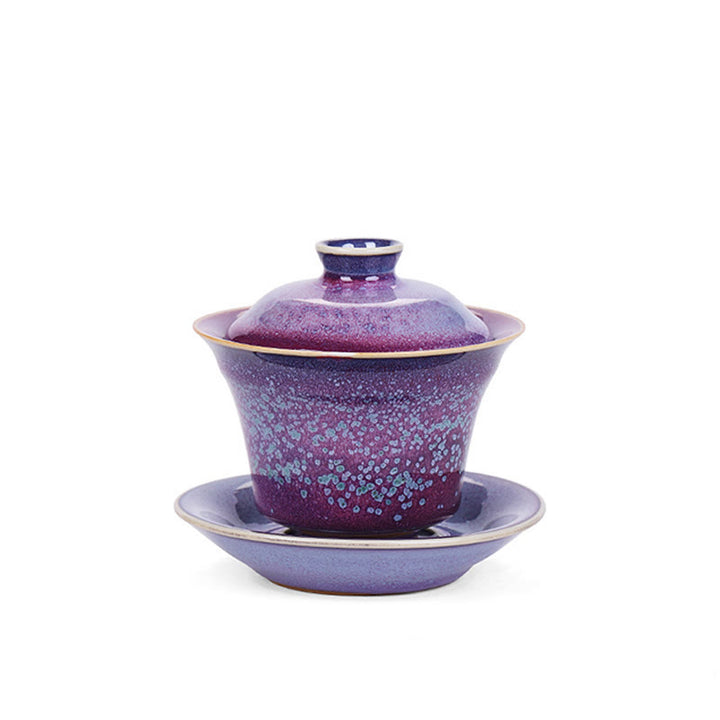 Buddha Stonesレトロ釉窯変陶器 蓋碗三彩 ティーカップ カンフーティーカップ＆ソーサー 蓋付き - image 4