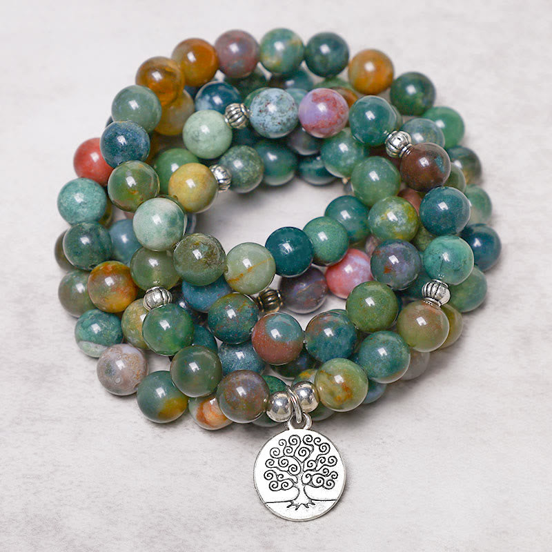 Buddha Stones108 個入りMalaビーズ インド瑪瑙 蓮華 OM 仏陀 生命の樹 ポジティブ カーム ブレスレット