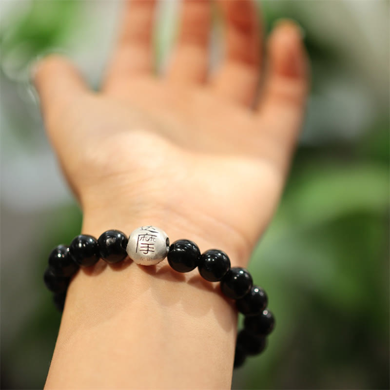 Buddha Stones 925スターリングシルバー ブラックオニキスビーズ キャラクター刻印入り 守護ブレスレット