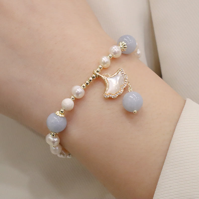 Buddha Stones天然アクアマリンパール ヒーリング イチョウの葉 バタフライ チャームブレスレット