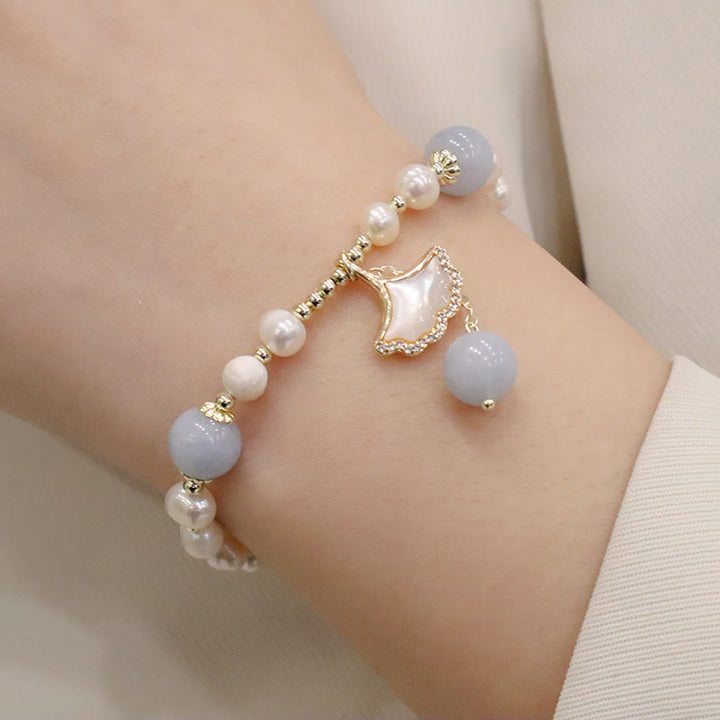 Buddha Stones天然アクアマリンパール ヒーリング イチョウの葉 バタフライ チャームブレスレット