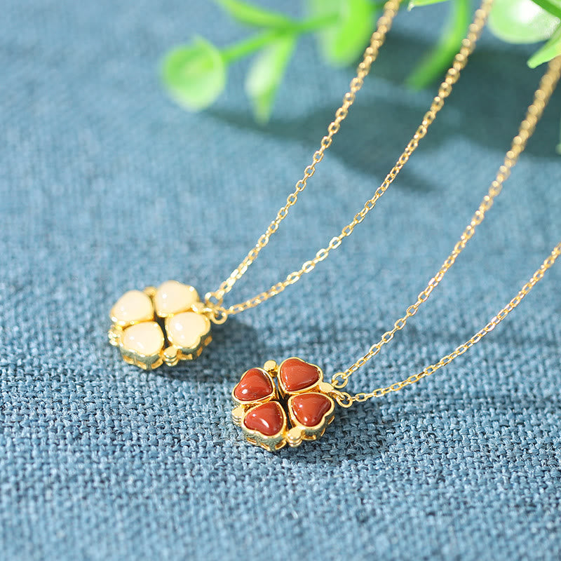 Buddha Stones925スターリングシルバー 四つ葉のクローバー ホワイトジェイド レッドアゲート 豊穣のネックレスペンダント