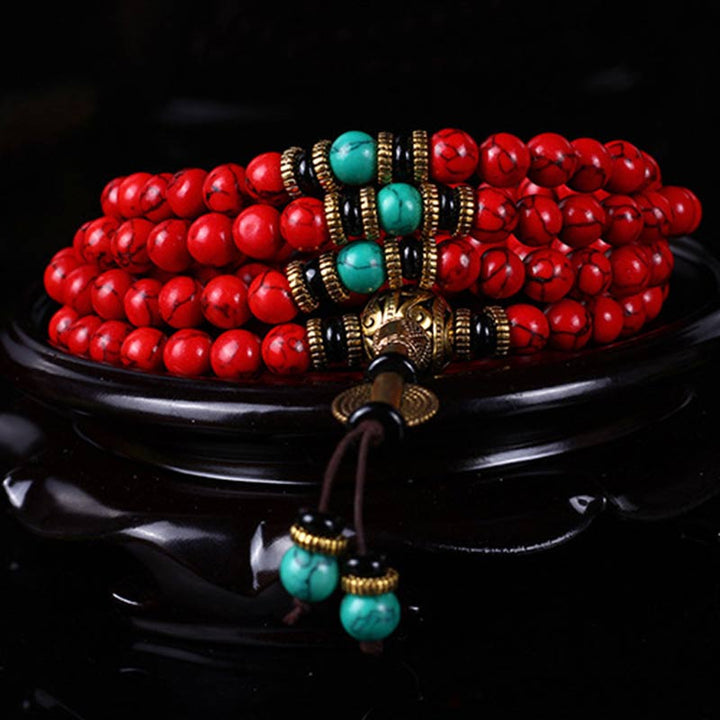Buddha Stones チベットMala レッドターコイズの幸運 ネックレス＆ブレスレット
