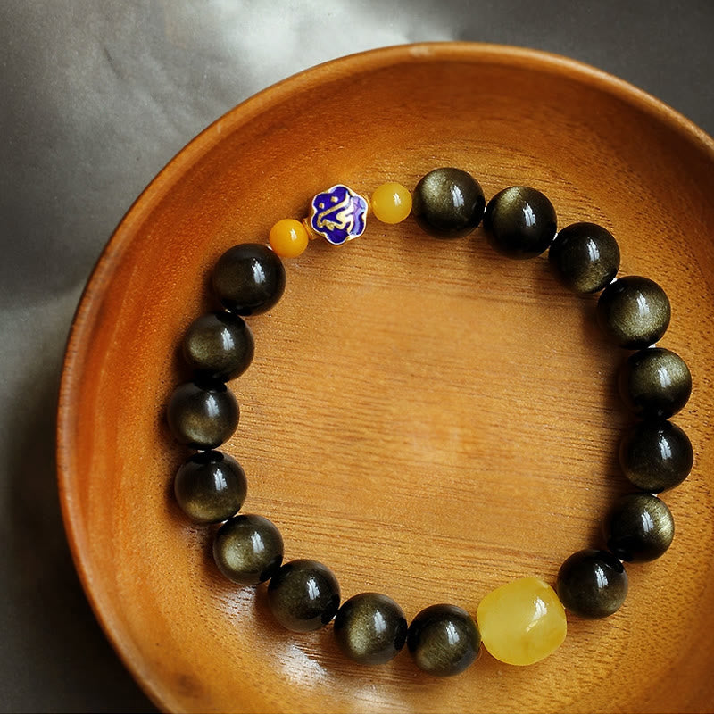 Buddha Stones925 スターリングシルバー十二支誕生仏天然金光沢 黒曜石 琥珀 富の守護ブレスレット