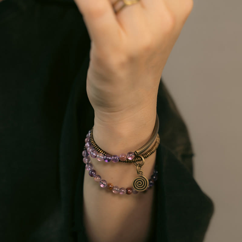 Buddha Stonesパープルファントムレッド ヘマトイドクォーツ グリーンルチルクォーツ 銅製 愛と許しのブレスレット