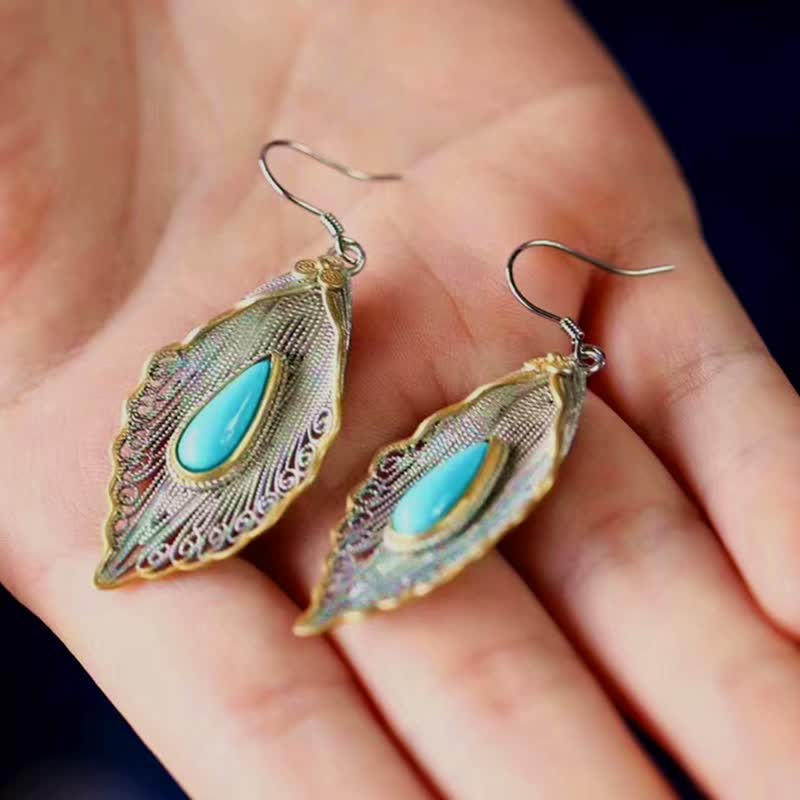 Buddha Stones925スターリングシルバー ターコイズ 菩提葉模様 保護ドロップダングルイヤリング