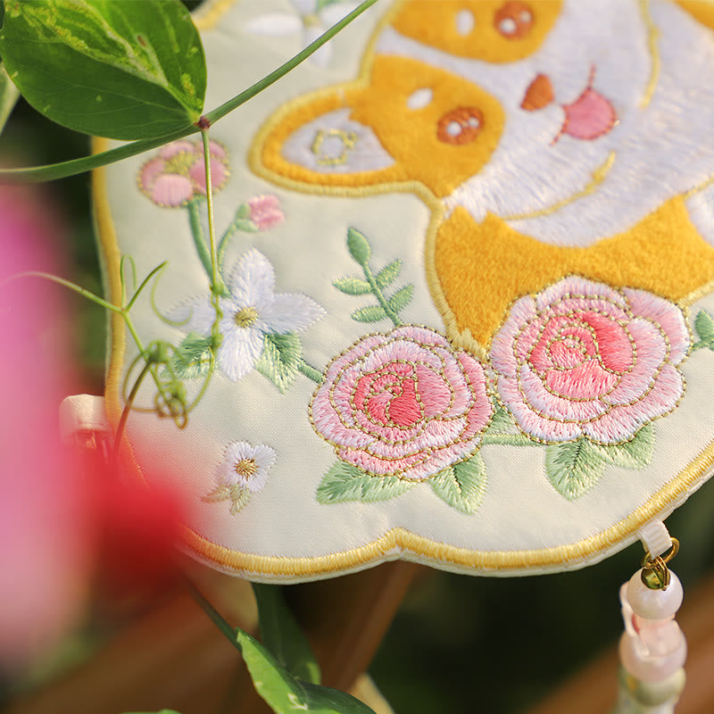 Buddha Stones刺繍のラッキーパンダ猫柴犬鹿ウサギキツネ花かわいい動物漢服バッグクロスボディバッグショルダーバッグ