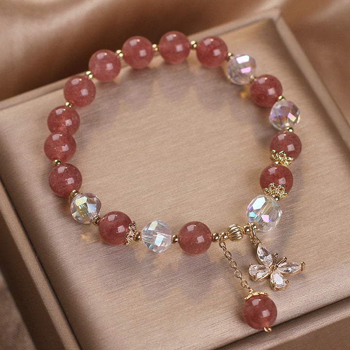 Buddha Stones天然ストロベリークォーツ ラブヒーリング バタフライチャームブレスレット - image 1
