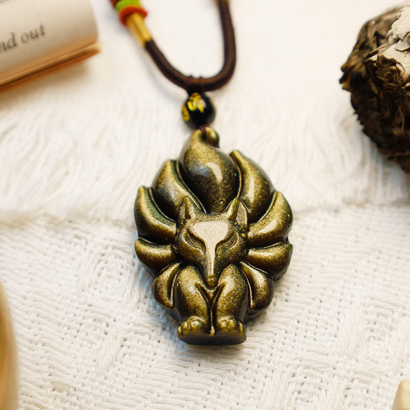 Buddha Stones天然レインボーオブシディアン ゴールドシーンオブシディアン 九尾狐 ポジティブネックレスペンダント