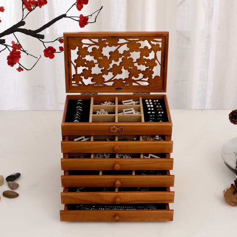 Buddha Stonesヴィンテージ 梅の花 彫刻 木製 ジュエリーボックス 6層 ジュエリー収納ボックス