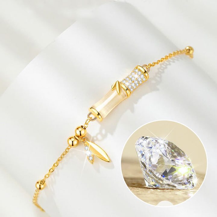 Buddha Stones 925スターリングシルバー 18Kゴールドメッキ ホワイトジェイド 竹 ジルコン リーフ 幸運ブレスレット