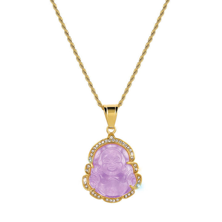 Buddha Stones18K ゴールドフィルド 笑う仏陀 翡翠 幸運のネックレスチェーンペンダント - ライトパープル - image 14