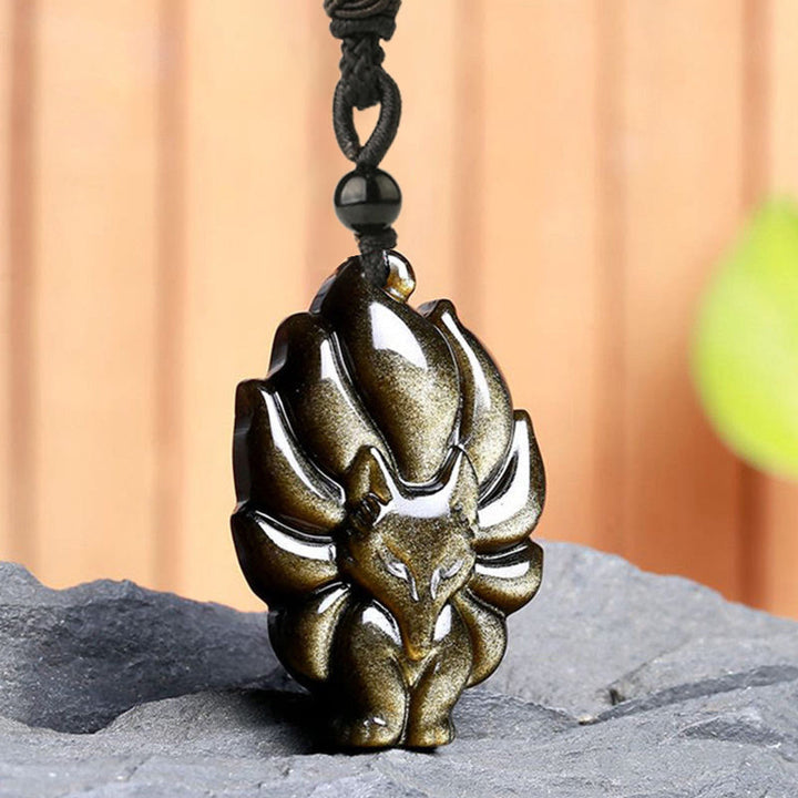 Buddha Stones天然蛍石ゴールド光沢黒曜石フォックスペンダント保護ネックレス