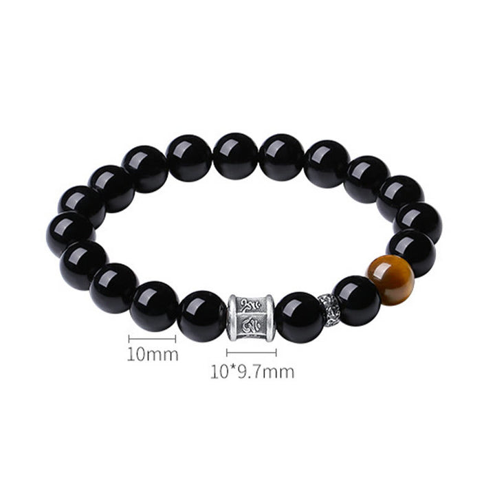 Buddha Stones999 スターリングシルバー ブラックオブシディアン タイガーアイオーム・マニ・パドメ・フムフルフィルメントブレスレット