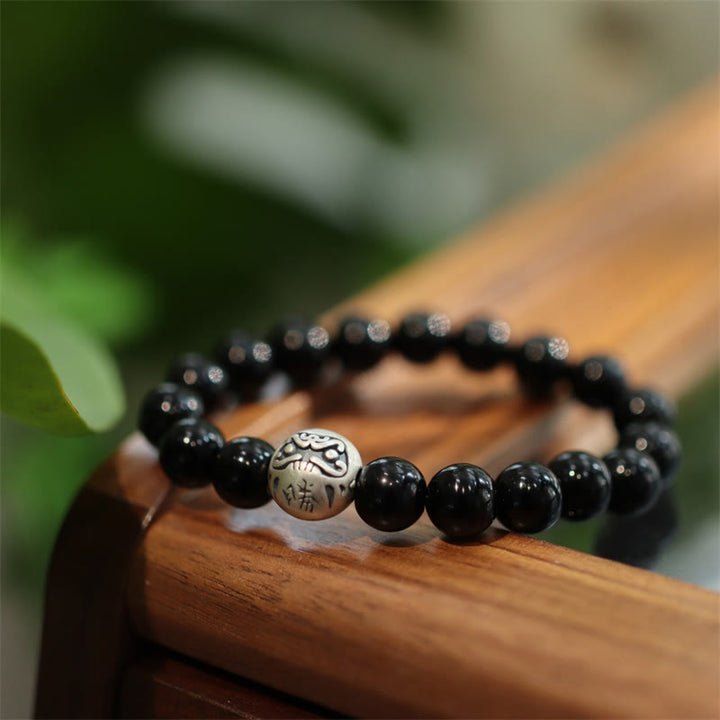 Buddha Stones 925スターリングシルバー ブラックオニキスビーズ キャラクター刻印入り 守護ブレスレット